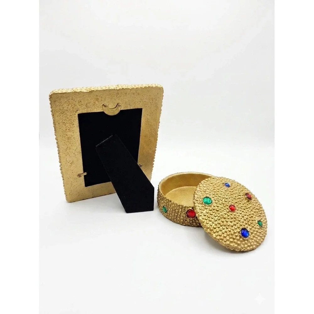 Pier 1 Gold Beaded Jeweled 3.5x5 Photo Frame and Matching Trinket Box Set